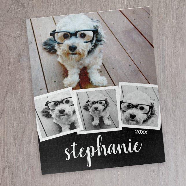 Trendig 4 Photo Collage Script Namn White Black Pussel (4 photo personalized puzzle)