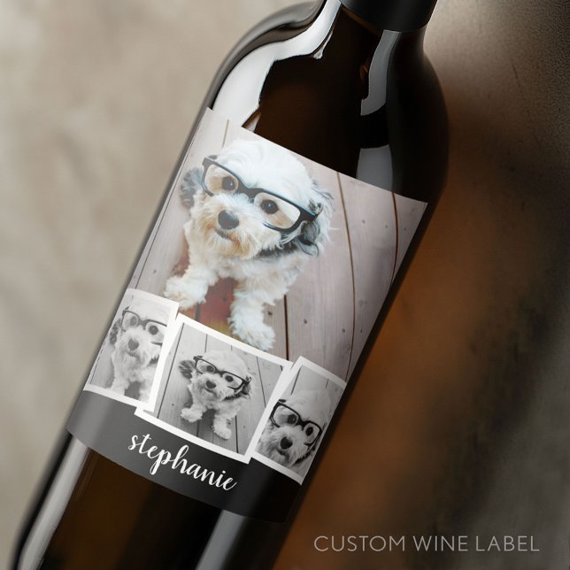 Trendig 4 Photo Collage Script Namn White Black Vinflaska Etikett (Custom Wine Bottle Label - Personalize a Sticker for a fun gift or memento)