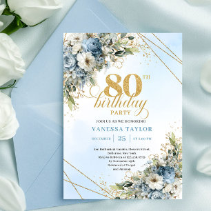 Trendig 80-års inbjudan Blå vita blommor