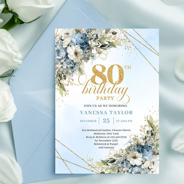 Trendig 80-års inbjudan Blå vita blommor (Trendy 80th Birthday Invitation Blue White Florals Boho)