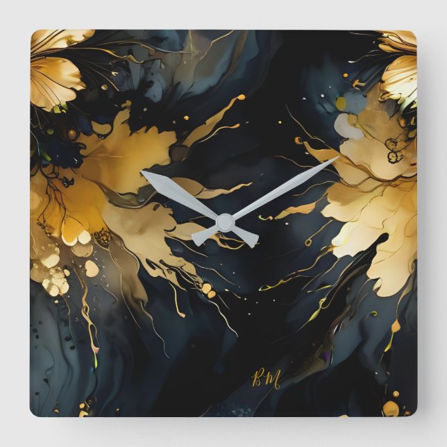 trendig abstrakt svart marmor guld fyrkantig klocka (Framsida)