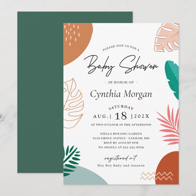 Trendig Abstrakt Tropical Summer Baby Shower Inbjudningar (Fram/baksida)
