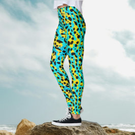 Trendig Abstrakt Turcoise Gult Leopard Mönster Leggings