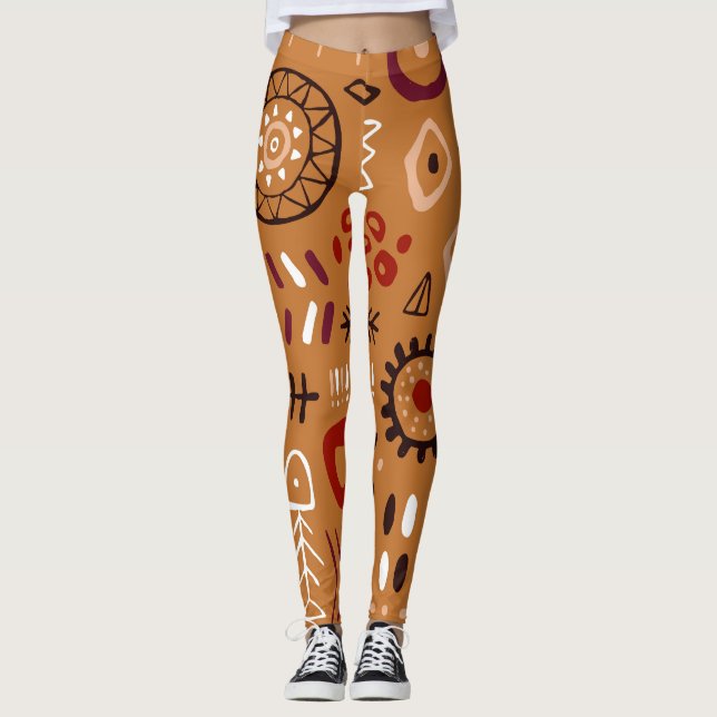 Trendig African Indian Tribal Seamless Brown Leggings (Framsida)