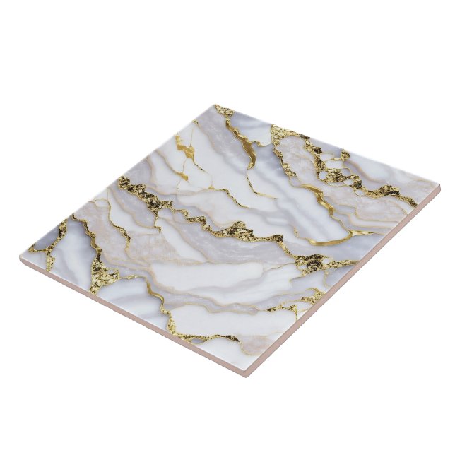 Trendig Agate Marble White Guld Collection Kakelplatta (Sidan)