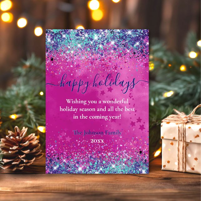 Trendig akva rosa glitter jul nyår hälsning kort (Skapare uppladdad)