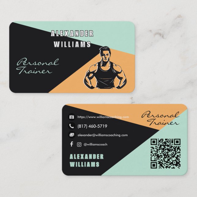 Trendig Apricot Aeroblue QRcode Personal Trainer Visitkort (Fram/baksida)