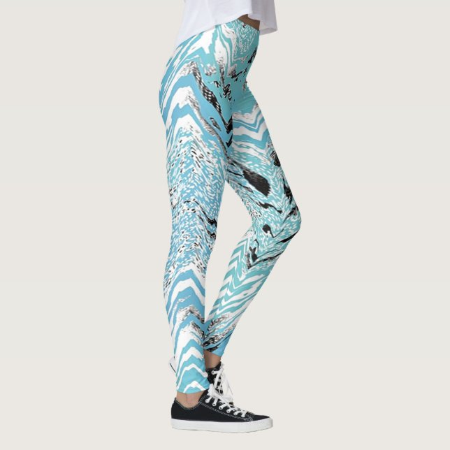 Trendig Aqua Blue White Chevron ZigZag Leggings (Höger)