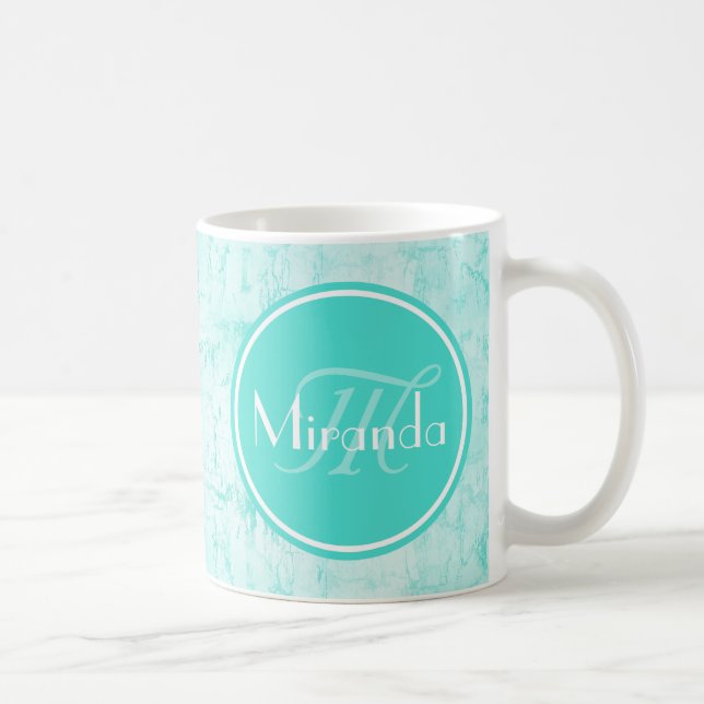 Trendig Aqua Mint Crackle Mönster med monogram Kaffemugg (Höger)