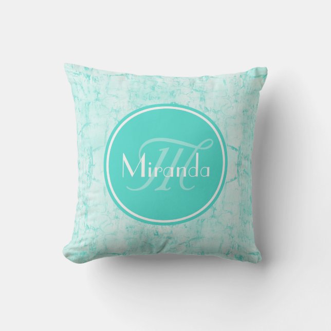 Trendig Aqua Mint Crackle Mönster med monogram Kudde (Framsida)