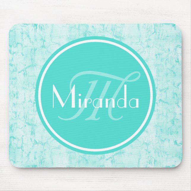 Trendig Aqua Mint Crackle Mönster med monogram Musmatta (Framsidan)