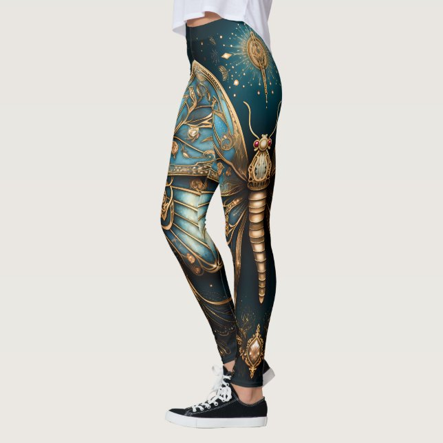 Trendig Art Deco Blue Guld Butterfly Yoga Leggings (Vänster)