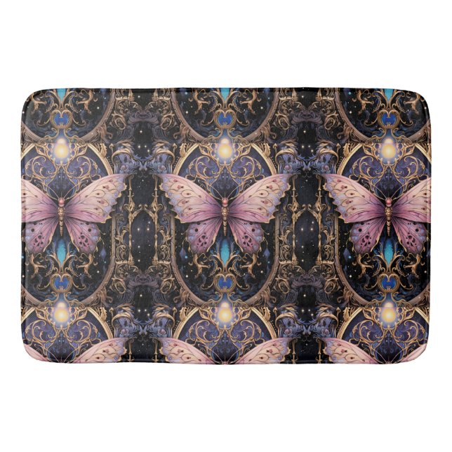 Trendig Art Deco Lila Rosa Guld Butterfly Badrumsmatta (Framsidan)