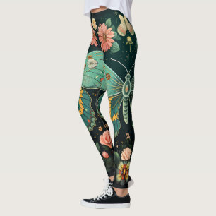 Trendig Art Deco Teal Rosa Blommigt Butterfly Yoga Leggings