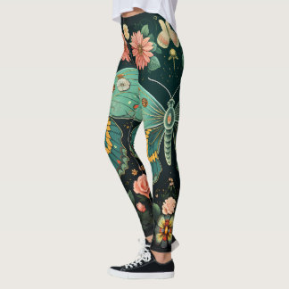 Trendig Art Deco Teal Rosa Blommigt Butterfly Yoga Leggings
