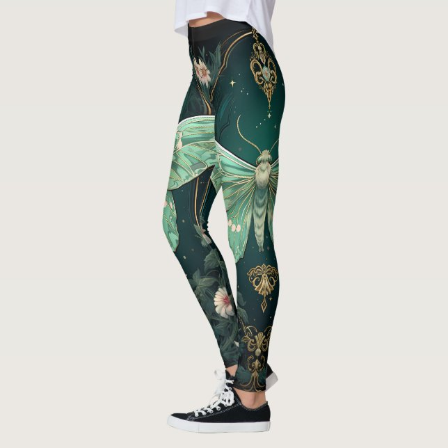 Trendig Art Deco Teal Rosa Guld Butterfly Yoga Leggings (Vänster)