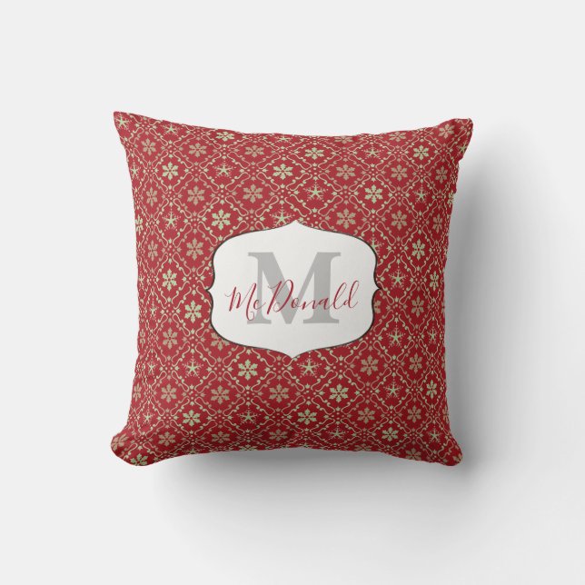 Trendig av snöflake Monogram Elegant Red Personlig Kudde (Framsida)