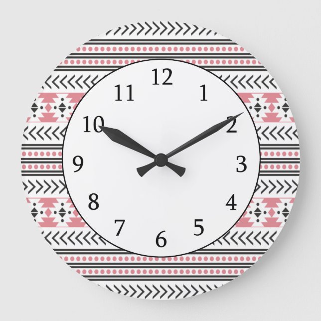 Trendig Aztec Tribal Print Geometric Mönster Rosa Stor Klocka (Framsida)