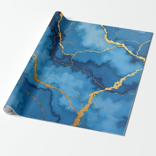 Trendig Azure Blue Guld Marble Collection Presentpapper (Utrullad)