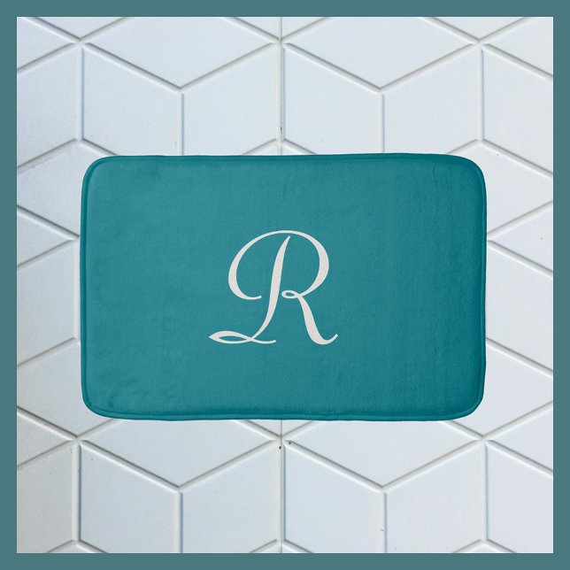 Trendig badmatte med monogram i Biscayblått Badrumsmatta (Skapare uppladdad)