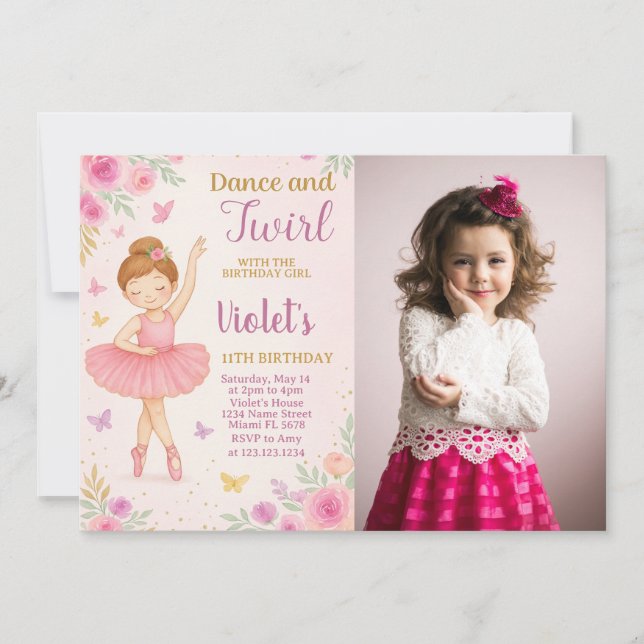 Trendig Ballerina Birthday Call med foto Inbjudningar (Framsida)