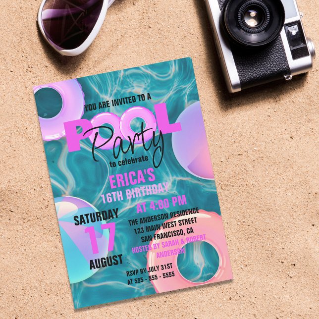 Trendig Bassäng Party Sweet 16 Födelsedagsfirande Inbjudningar (Skapare uppladdad)