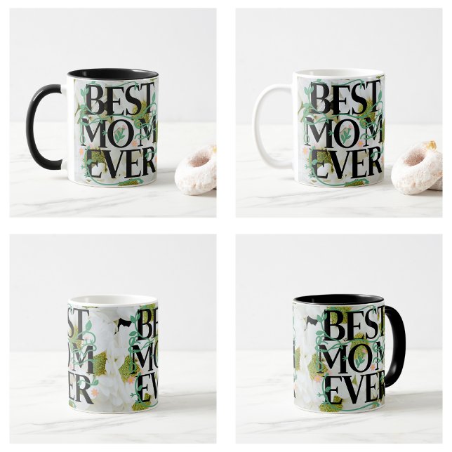 Trendig Bästa Mamma någonsin Vit Blommigt Modern Kaffemugg (Trendy Best Mom Ever White Floral Modern Mug)