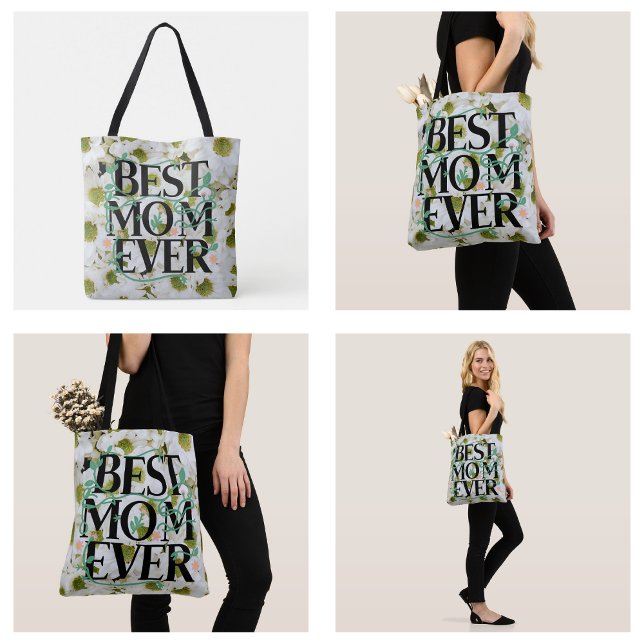 Trendig Bästa Mamma någonsin Vit Blommigt Modern Tygkasse (Trendy Best Mom Ever White Floral Modern Tote Bag)