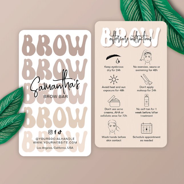 Trendig Beige Brow Aftercare Instruktioner Retro Visitkort (Microneedling aftercare cards for brow salons, featuring retro fonts in beige and white)