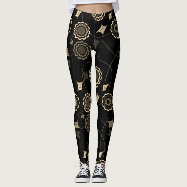 Trendig Beige Färg Flower Ivy Black Leggings (Framsida)