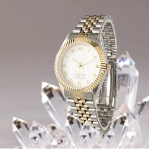 Trendig Beige Snyggt Guld Monogram Namn Armbandsur