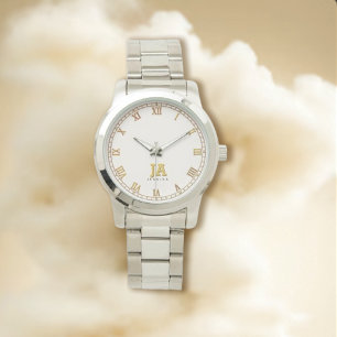 Trendig Beige Snyggt Guld Monogram Namn Armbandsur