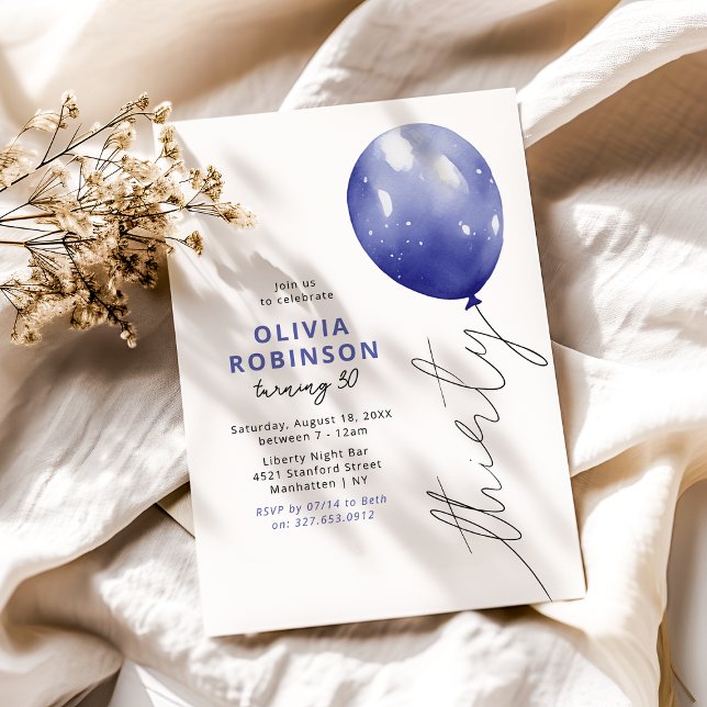 Trendig blå ballong 30-årsdag inbjudningar (Skapare uppladdad)