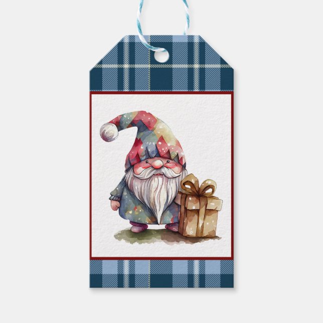Trendig Blå Buffalo Rutig Vattenfärg Tomte Jul Presentetikett (Framsidan)