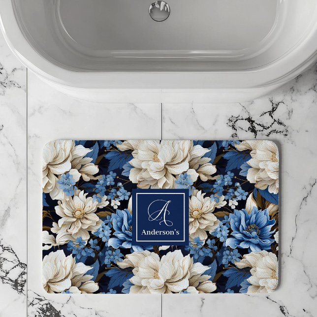 Trendig blå elfenbensfärgade blommor Personlig bad Badrumsmatta (Trendy Blue Ivory Flowers Personalized Bath Mat)