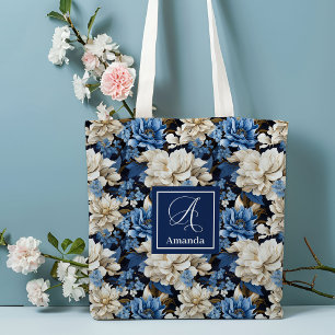 Trendig blå elfenbensvita blommor personlig totevä tygkasse