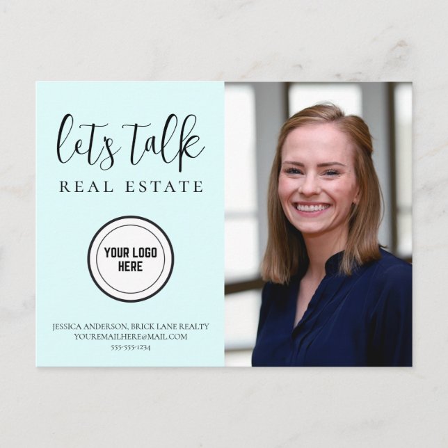 Trendig blå fastighetsmarknadsföring Lägg till log Vykort (Framsida)