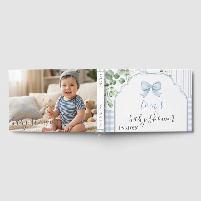 Trendig blå ginghambåge Baby Shower Foto Gästböcker (Full)