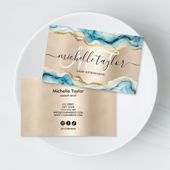 Trendig blå guldmonogram sminkartist hårsalong visitkort (CHIC BLUE AGATE AND GOLD MONOGRAM BUSINESS CARD)