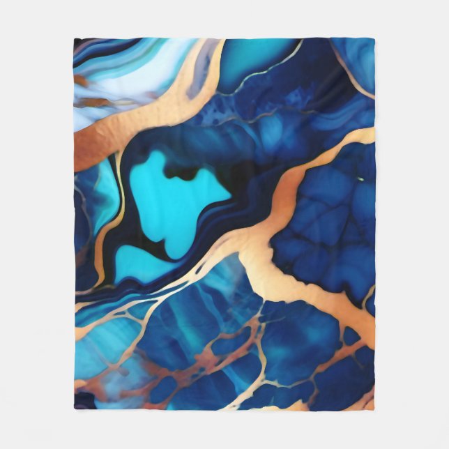 Trendig Blå gult Guld faux marble Fleecefilt (Framsidan)