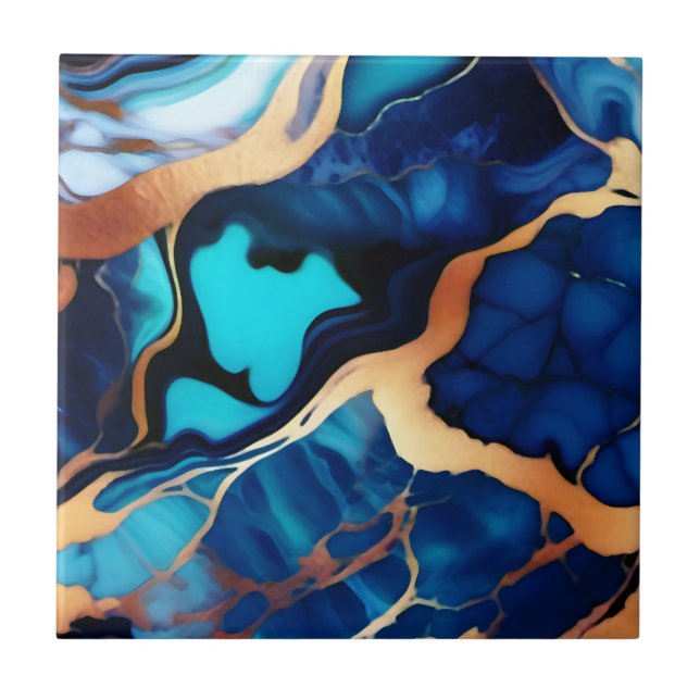 Trendig Blå gult Guld faux marble Kakelplatta (Framsidan)