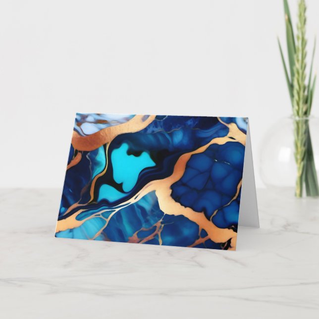 Trendig Blå gult Guld faux marble Kort (Framsida)