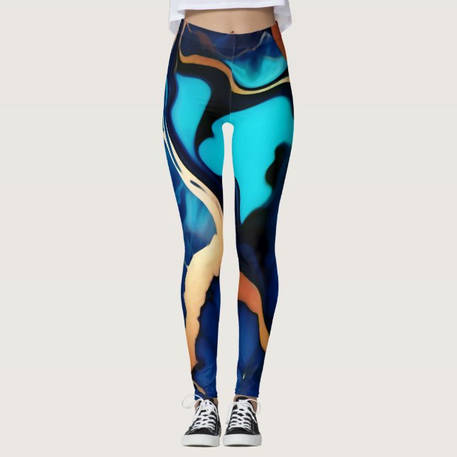 Trendig Blå gult Guld faux marble Leggings (Framsida)