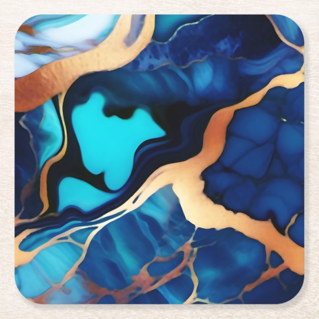 Trendig Blå gult Guld faux marble Underlägg Papper Kvadrat (Framsidan)