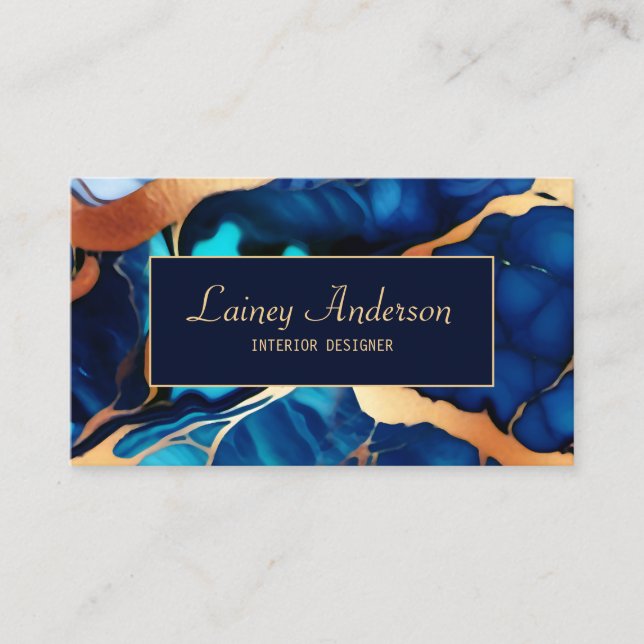 Trendig Blå gult Guld faux marble Visitkort (Framsida)