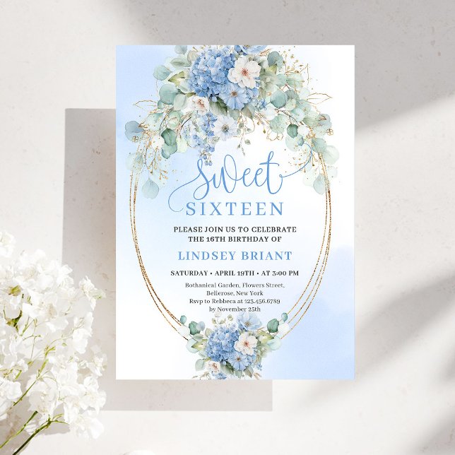 Trendig blå hortensia guld ram 16-årsdag  inbjudningar (Trendy Blue Hydrangea Gold Frame 16th Birthday Invitation)