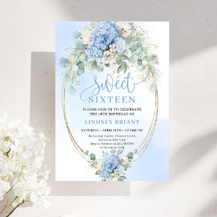 Trendig blå hortensia guld Sweet Sixteen-fest  Inbjudningar