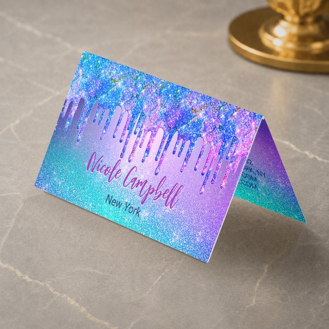 Trendig blå lila ombre glitterdroppar visitkort (Skapare uppladdad)