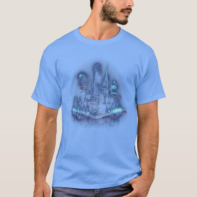 trendig blå neon stadsfamilj t shirt (Framsida)