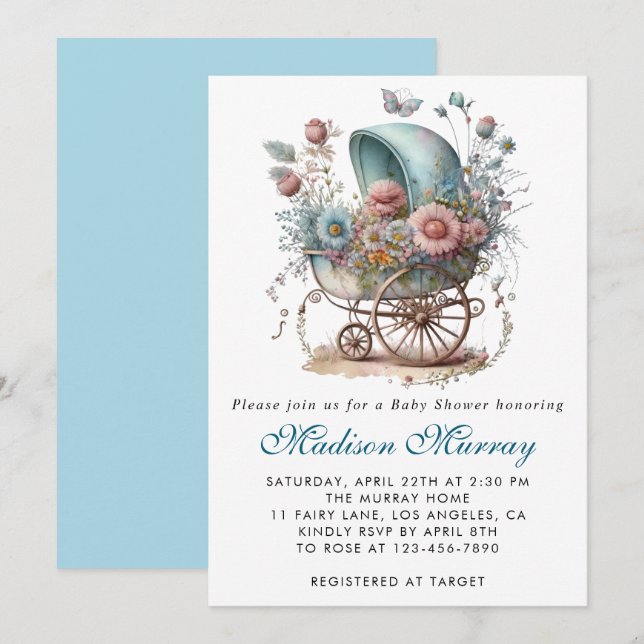 Trendig blå och rosa blommig barnvagn Baby Shower Inbjudningar (Fram/baksida)